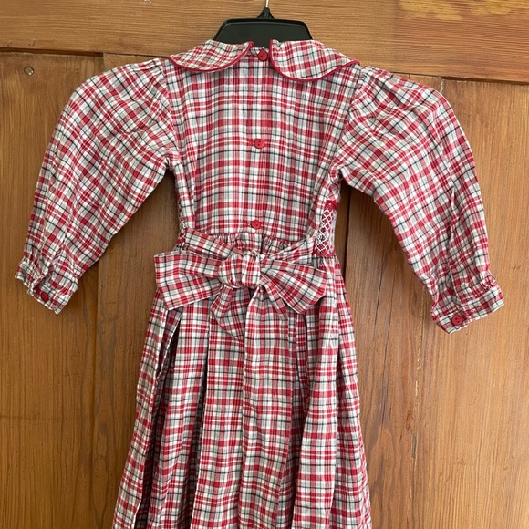 Strasburg Red Gray White Plaid Smocked Dress 4 - Picture 5 of 6